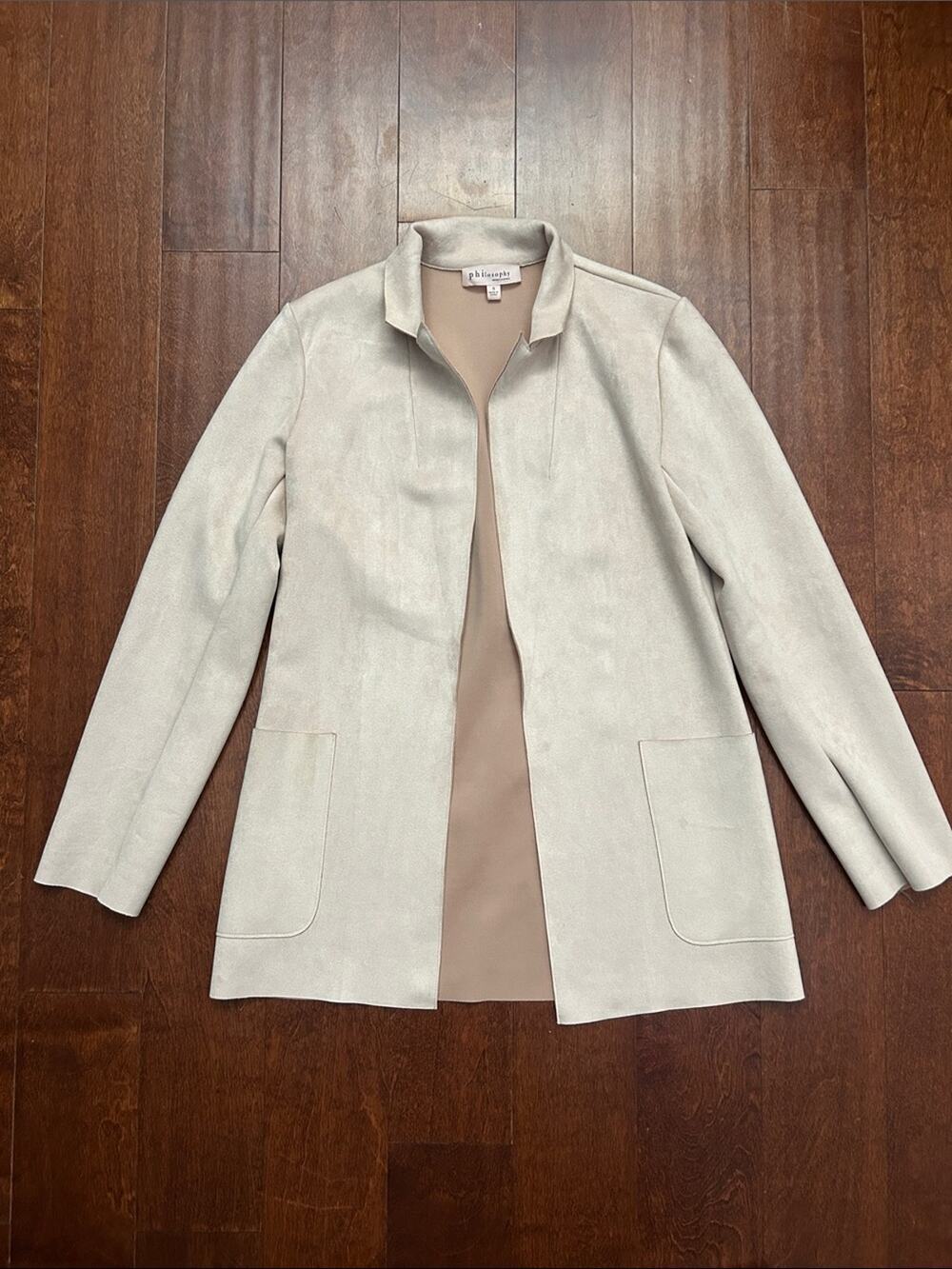 Philosophy Light Beige Open-Front Blazer Jacket, Faux Suede Closet Staple Size S